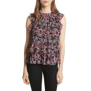 NWT278 KATE SPADE New York Size S Tapestry Chiffon 100% Silk Lined Ruffle Blouse